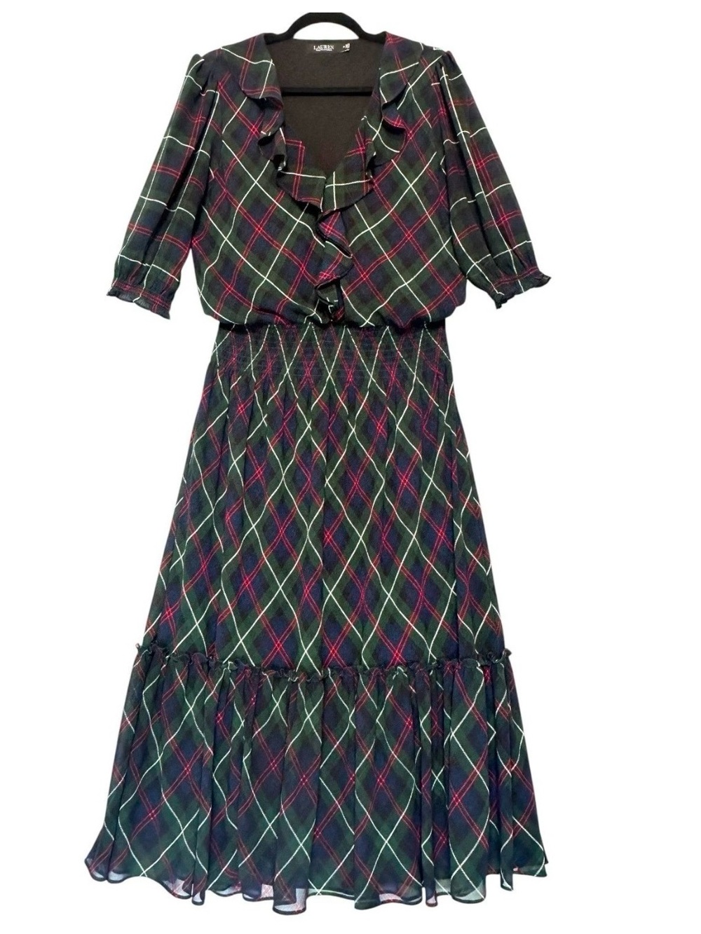 Lauren Ralph Lauren Plaid Georgette Maxi Dress Size 6 Smocked Ruffle Front